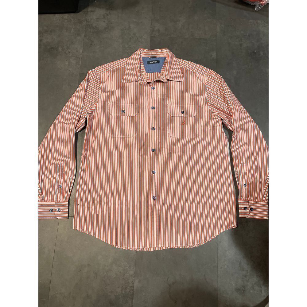 Nautica Men's Orange Striped Button-Down Shirt - Stylish Casual Wear B-123